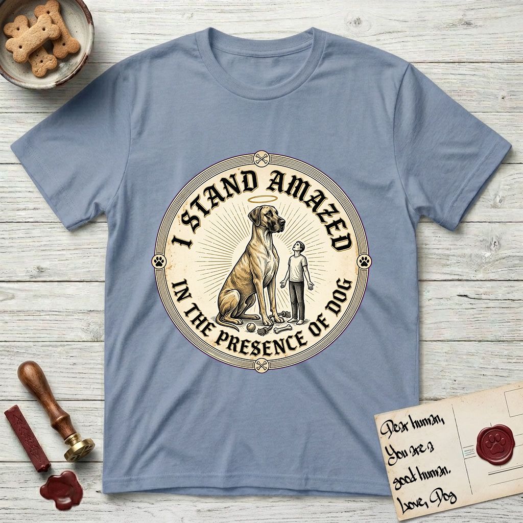 I Stand Amazed in the Presence Great Dane T-Shirt flat lay in Stone Blue, featuring a vintage engraving medallion of a haloed Great Dane with a small devoted human gazing up from below.