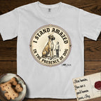 I Stand Amazed in the Presence Great Dane T-Shirt flat lay in White, featuring a vintage engraving medallion of a haloed Great Dane with a small devoted human gazing up from below.