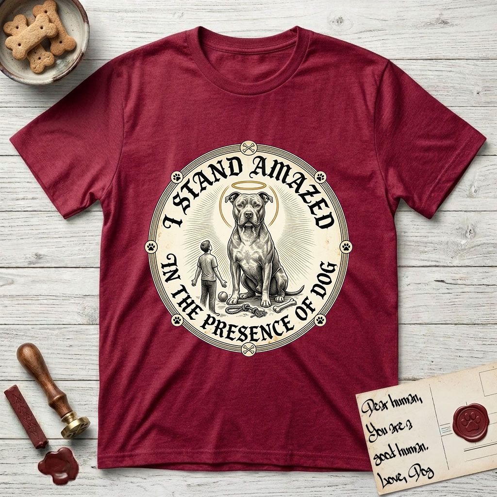 I Stand Amazed in the Presence Pitbull T-Shirt flat lay in Antique Cherry Red, featuring a vintage engraving medallion of a haloed Pitbull with a small devoted human gazing up from below.