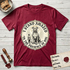 I Stand Amazed in the Presence Pitbull T-Shirt flat lay in Antique Cherry Red, featuring a vintage engraving medallion of a haloed Pitbull with a small devoted human gazing up from below.