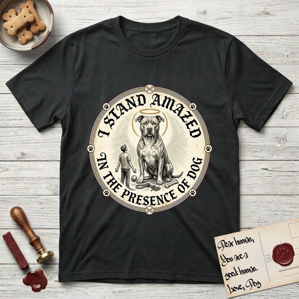 I Stand Amazed in the Presence Pitbull T-Shirt flat lay in Black, featuring a vintage engraving medallion of a haloed Pitbull with a small devoted human gazing up from below.