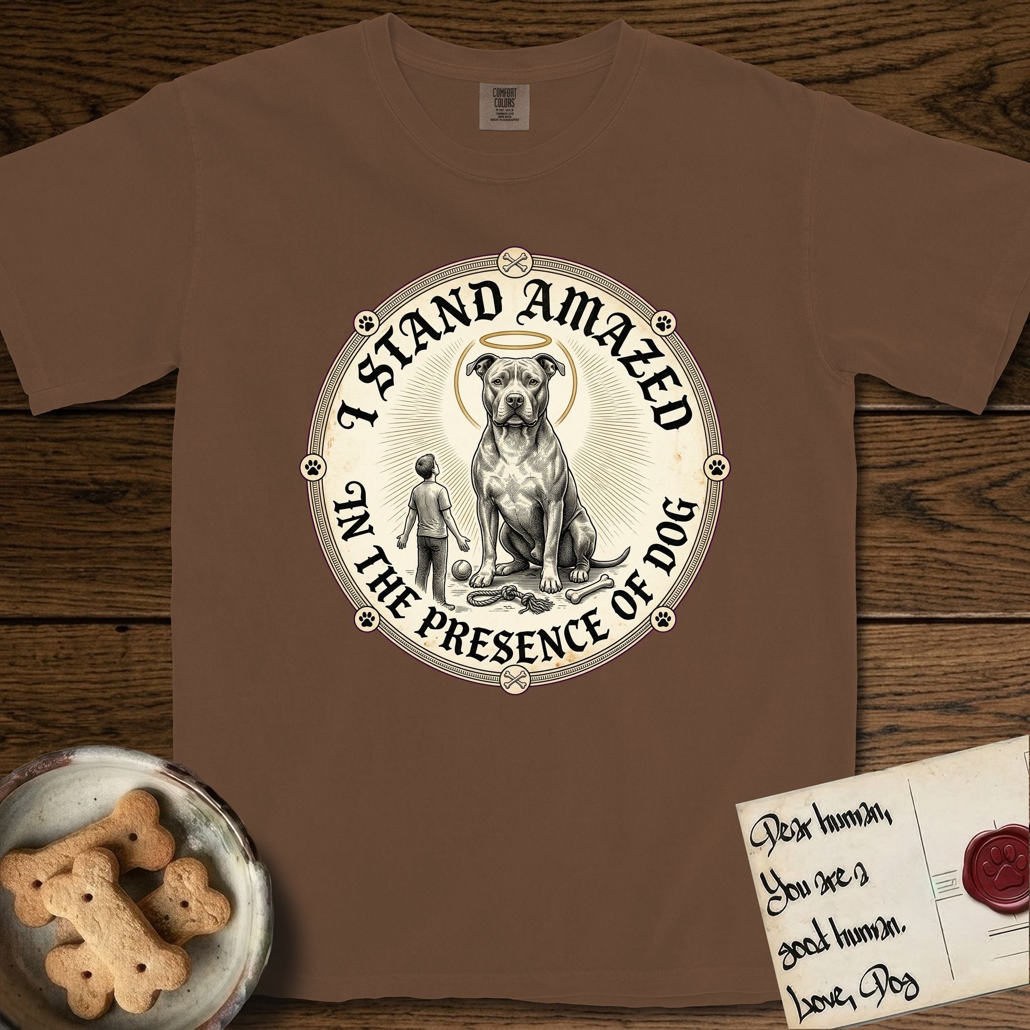 I Stand Amazed in the Presence Pitbull T-Shirt flat lay in Espresso, featuring a vintage engraving medallion of a haloed Pitbull with a small devoted human gazing up from below.