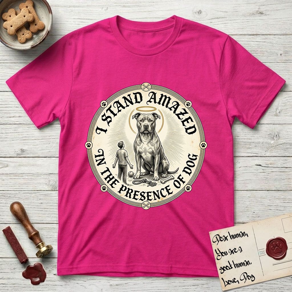 I Stand Amazed in the Presence Pitbull T-Shirt flat lay in Heliconia, featuring a vintage engraving medallion of a haloed Pitbull with a small devoted human gazing up from below.