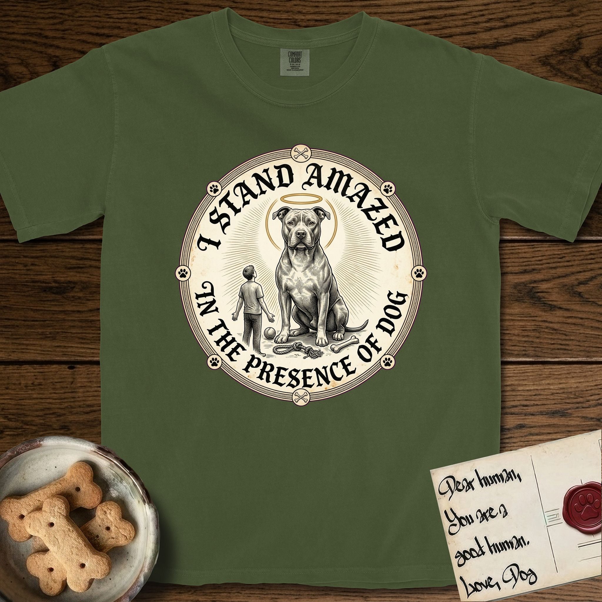 I Stand Amazed in the Presence Pitbull T-Shirt flat lay in Hemp, featuring a vintage engraving medallion of a haloed Pitbull with a small devoted human gazing up from below.