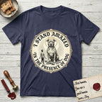I Stand Amazed in the Presence Pitbull T-Shirt flat lay in Navy, featuring a vintage engraving medallion of a haloed Pitbull with a small devoted human gazing up from below.