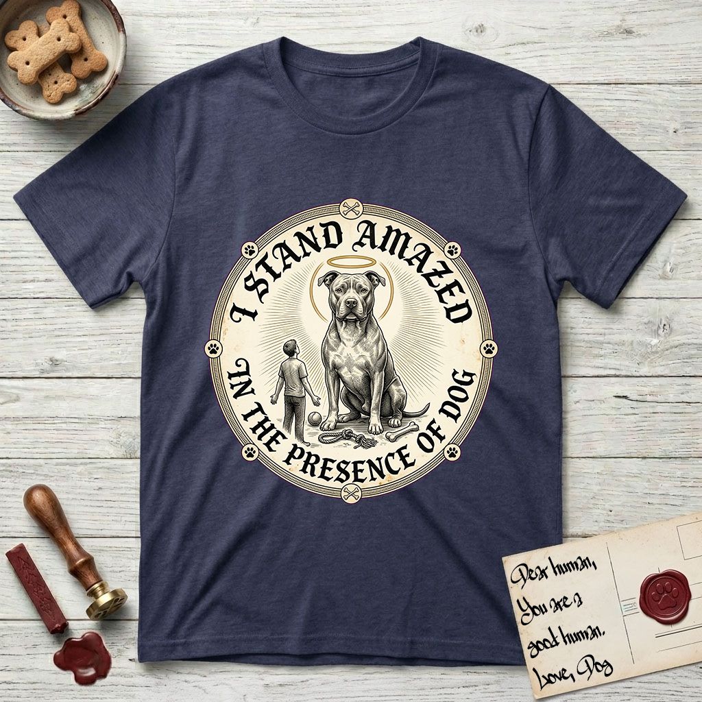I Stand Amazed in the Presence Pitbull T-Shirt flat lay in Navy, featuring a vintage engraving medallion of a haloed Pitbull with a small devoted human gazing up from below.