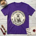 I Stand Amazed in the Presence Pitbull T-Shirt flat lay in Purple, featuring a vintage engraving medallion of a haloed Pitbull with a small devoted human gazing up from below.