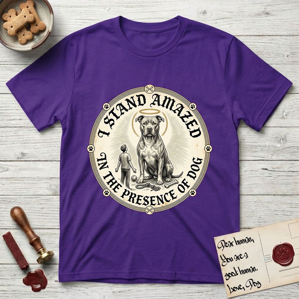 I Stand Amazed in the Presence Pitbull T-Shirt flat lay in Purple, featuring a vintage engraving medallion of a haloed Pitbull with a small devoted human gazing up from below.