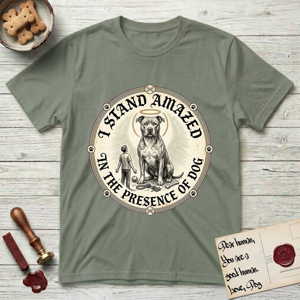 I Stand Amazed in the Presence Pitbull T-Shirt flat lay in Sage, featuring a vintage engraving medallion of a haloed Pitbull with a small devoted human gazing up from below.