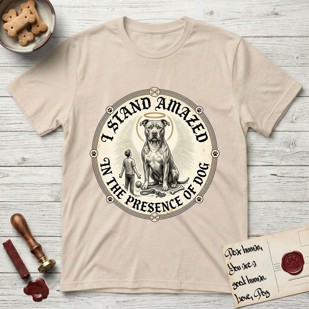 I Stand Amazed in the Presence Pitbull T-Shirt flat lay in Sand, featuring a vintage engraving medallion of a haloed Pitbull with a small devoted human gazing up from below.