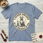 I Stand Amazed in the Presence Pitbull T-Shirt flat lay in Stone Blue, featuring a vintage engraving medallion of a haloed Pitbull with a small devoted human gazing up from below.