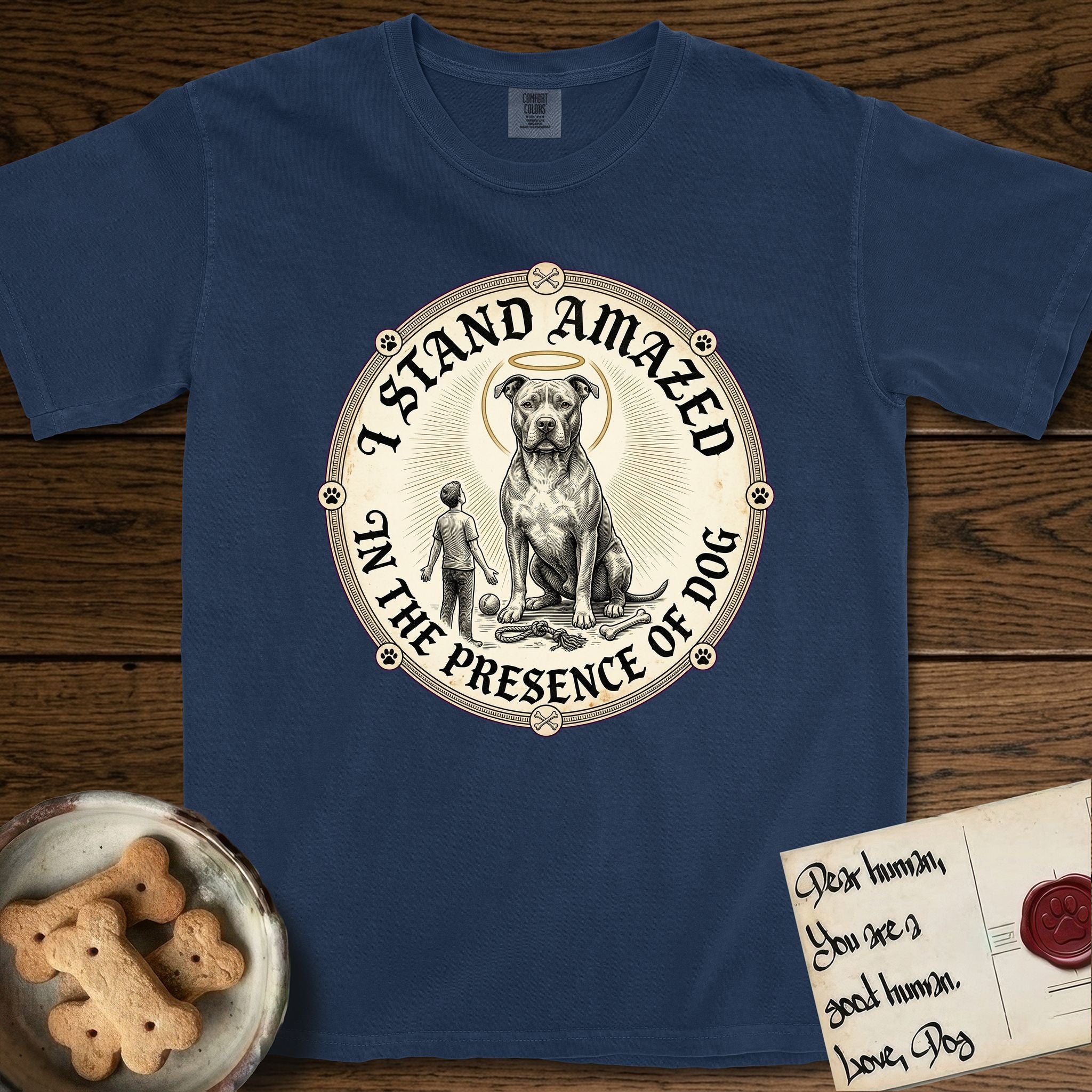 I Stand Amazed in the Presence Pitbull T-Shirt flat lay in True Navy, featuring a vintage engraving medallion of a haloed Pitbull with a small devoted human gazing up from below.