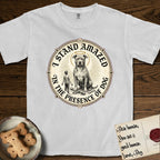 I Stand Amazed in the Presence Pitbull T-Shirt flat lay in White, featuring a vintage engraving medallion of a haloed Pitbull with a small devoted human gazing up from below.