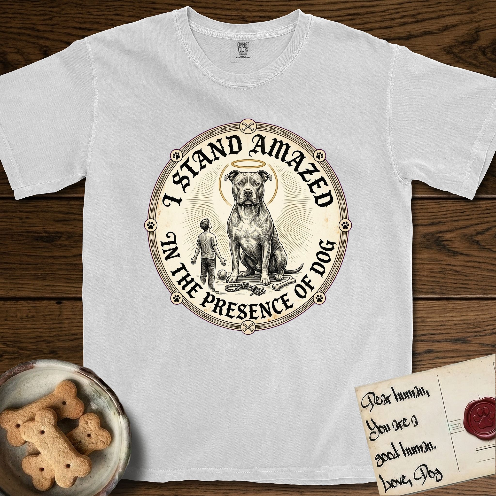 I Stand Amazed in the Presence Pitbull T-Shirt flat lay in White, featuring a vintage engraving medallion of a haloed Pitbull with a small devoted human gazing up from below.