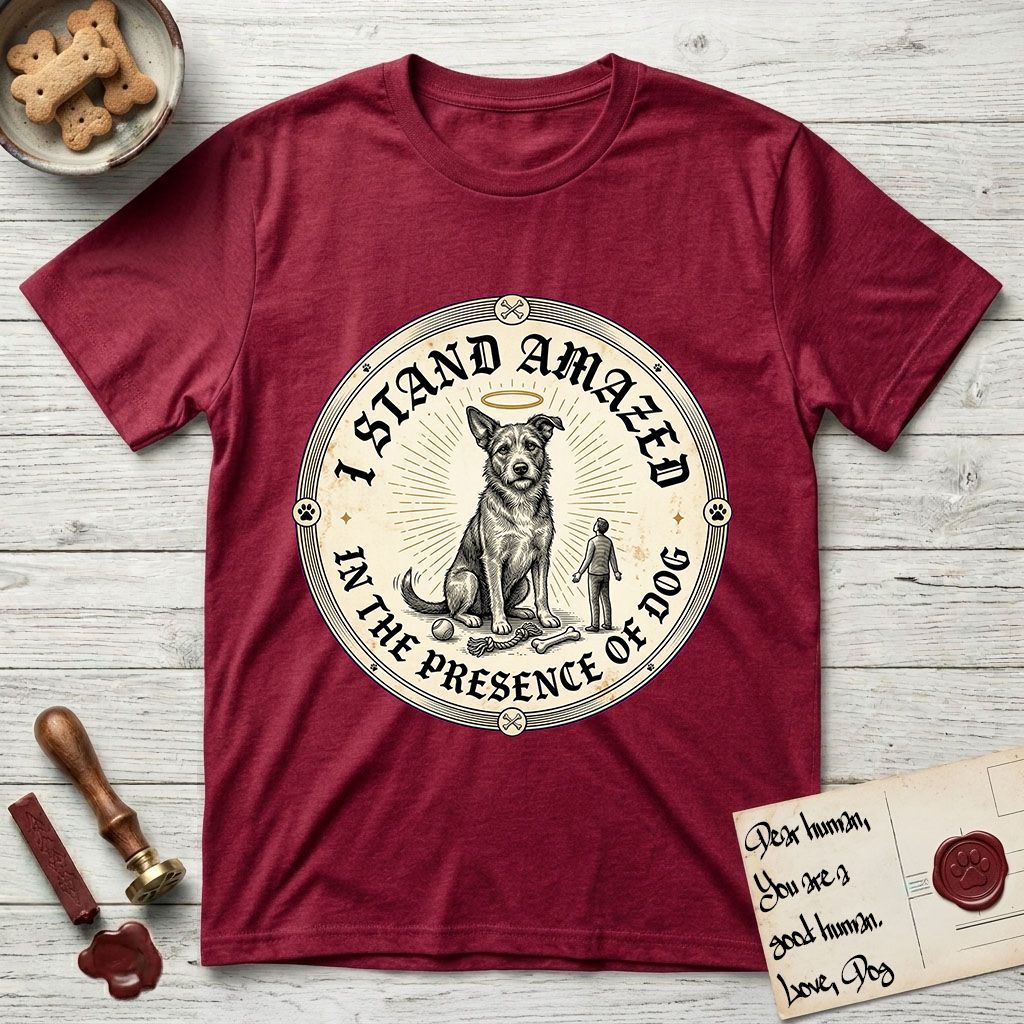 I Stand Amazed in the Presence Rescue Mutt T-Shirt flat lay in Antique Cherry Red, featuring a vintage engraving medallion of a haloed rescue mutt with a small devoted human gazing up from below.