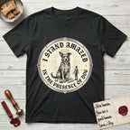 I Stand Amazed in the Presence Rescue Mutt T-Shirt flat lay in Black, featuring a vintage engraving medallion of a haloed rescue mutt with a small devoted human gazing up from below.