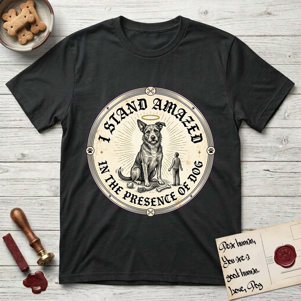 I Stand Amazed in the Presence Rescue Mutt T-Shirt flat lay in Black, featuring a vintage engraving medallion of a haloed rescue mutt with a small devoted human gazing up from below.