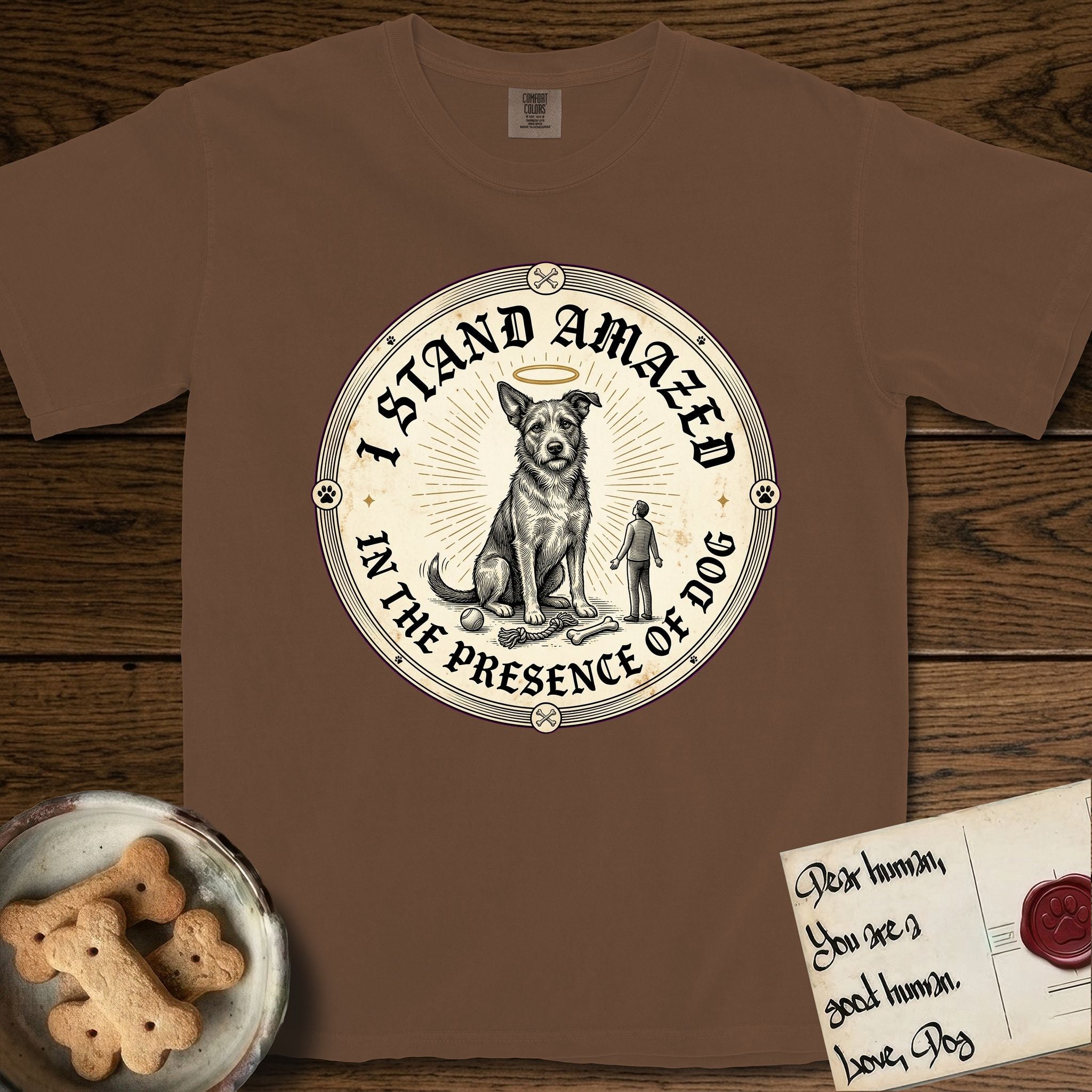 I Stand Amazed in the Presence Rescue Mutt T-Shirt flat lay in Espresso, featuring a vintage engraving medallion of a haloed rescue mutt with a small devoted human gazing up from below.