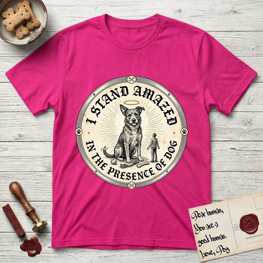 I Stand Amazed in the Presence Rescue Mutt T-Shirt flat lay in Heliconia, featuring a vintage engraving medallion of a haloed rescue mutt with a small devoted human gazing up from below.