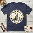 I Stand Amazed in the Presence Rescue Mutt T-Shirt flat lay in Navy, featuring a vintage engraving medallion of a haloed rescue mutt with a small devoted human gazing up from below.