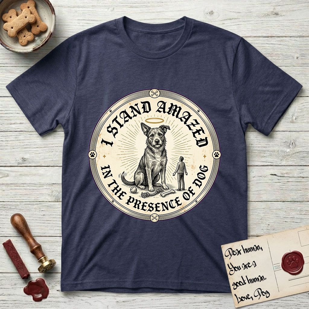 I Stand Amazed in the Presence Rescue Mutt T-Shirt flat lay in Navy, featuring a vintage engraving medallion of a haloed rescue mutt with a small devoted human gazing up from below.