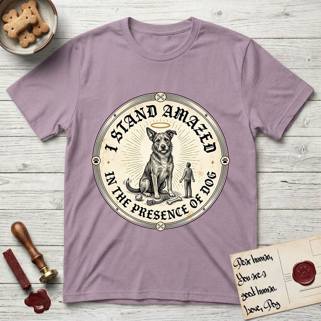 I Stand Amazed in the Presence Rescue Mutt T-Shirt flat lay in Paragon, featuring a vintage engraving medallion of a haloed rescue mutt with a small devoted human gazing up from below.