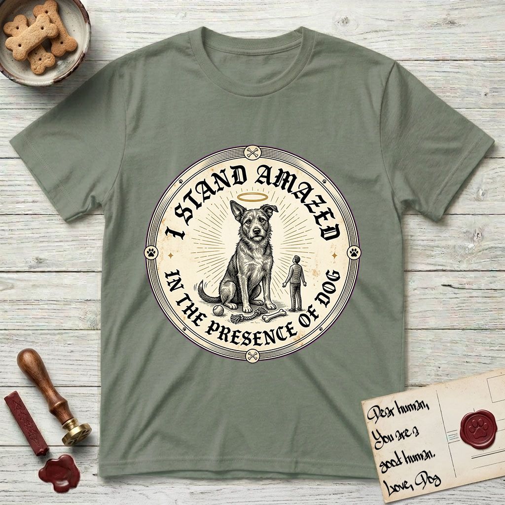 I Stand Amazed in the Presence Rescue Mutt T-Shirt flat lay in Sage, featuring a vintage engraving medallion of a haloed rescue mutt with a small devoted human gazing up from below.