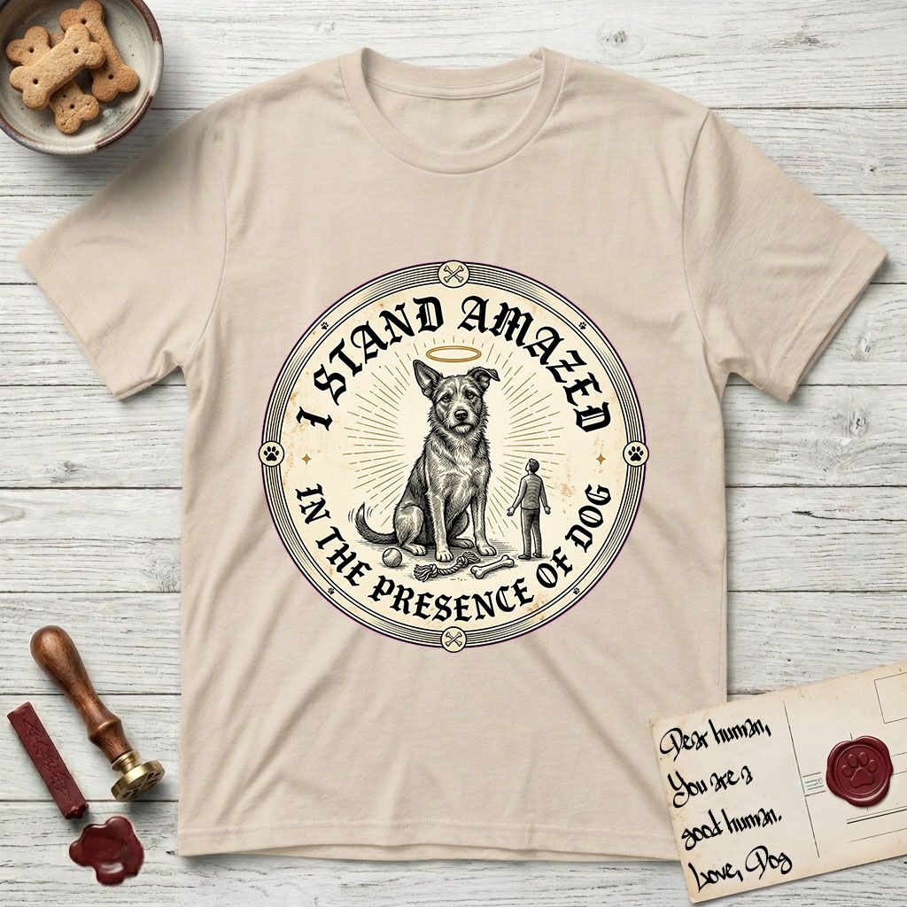 I Stand Amazed in the Presence Rescue Mutt T-Shirt flat lay in Sand, featuring a vintage engraving medallion of a haloed rescue mutt with a small devoted human gazing up from below.