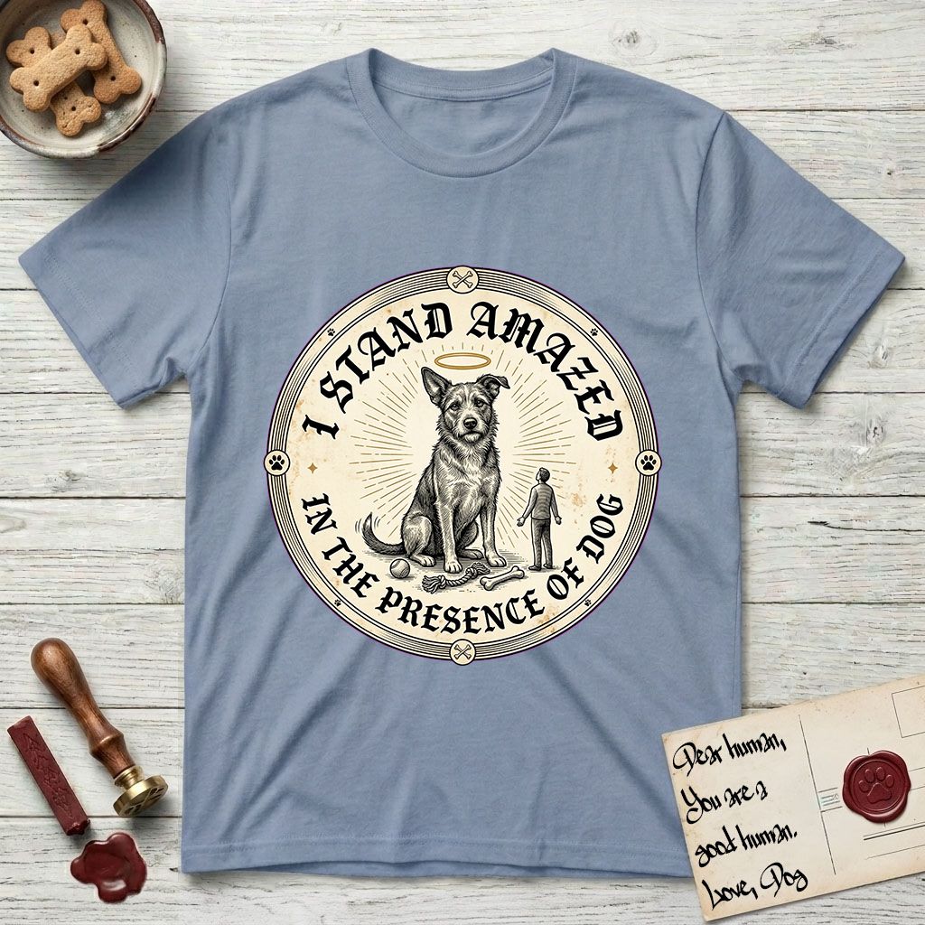 I Stand Amazed in the Presence Rescue Mutt T-Shirt flat lay in Stone Blue, featuring a vintage engraving medallion of a haloed rescue mutt with a small devoted human gazing up from below.