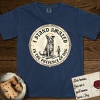 I Stand Amazed in the Presence Rescue Mutt T-Shirt flat lay in True Navy, featuring a vintage engraving medallion of a haloed rescue mutt with a small devoted human gazing up from below.