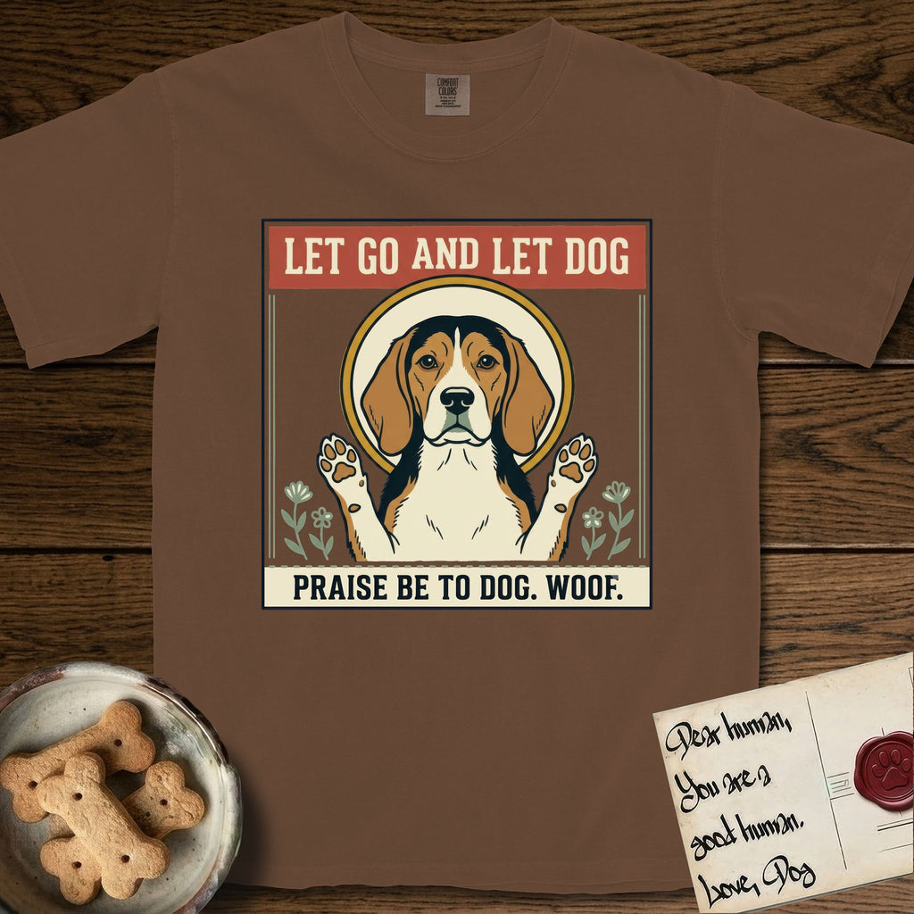 Let Go and Let Dog Beagle T-Shirt flat lay in Espresso, featuring a vintage seed packet label with a haloed tricolor Beagle, paws raised, flanked by simple flower sprigs.