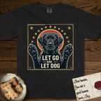Let Go and Let Dog Black Lab T-Shirt flat lay in Black, featuring a bold Americana star-badge of a haloed Black Lab with both front paws raised.
