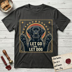 Let Go and Let Dog Black Lab T-Shirt flat lay in Charcoal, featuring a bold Americana star-badge of a haloed Black Lab with both front paws raised.