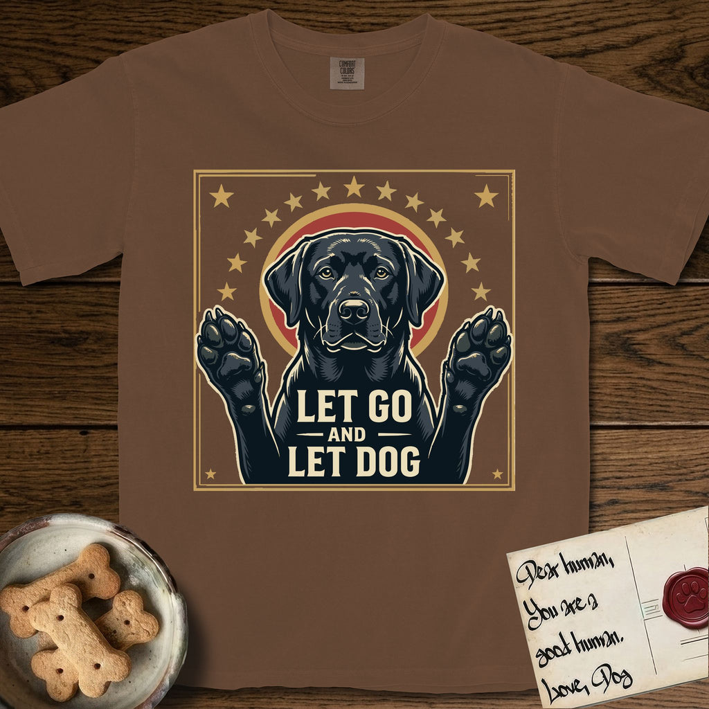 Let Go and Let Dog Black Lab T-Shirt flat lay in Espresso, featuring a bold Americana star-badge of a haloed Black Lab with both front paws raised.