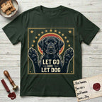 Let Go and Let Dog Black Lab T-Shirt flat lay in Forest Green, featuring a bold Americana star-badge of a haloed Black Lab with both front paws raised.