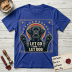 Let Go and Let Dog Black Lab T-Shirt flat lay in Heather Royal, featuring a bold Americana star-badge of a haloed Black Lab with both front paws raised.
