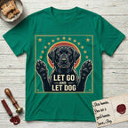 Let Go and Let Dog Black Lab T-Shirt flat lay in Kelly Green, featuring a bold Americana star-badge of a haloed Black Lab with both front paws raised.