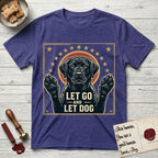 Let Go and Let Dog Black Lab T-Shirt flat lay in Metro Blue, featuring a bold Americana star-badge of a haloed Black Lab with both front paws raised.