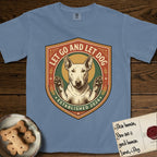 Let Go and Let Dog Bull Terrier T-Shirt flat lay in Blue Jean, featuring a vintage badge of a haloed Bull Terrier with paws raised in blessing.