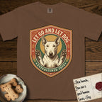 Let Go and Let Dog Bull Terrier T-Shirt flat lay in Espresso, featuring a vintage badge of a haloed Bull Terrier with paws raised in blessing.