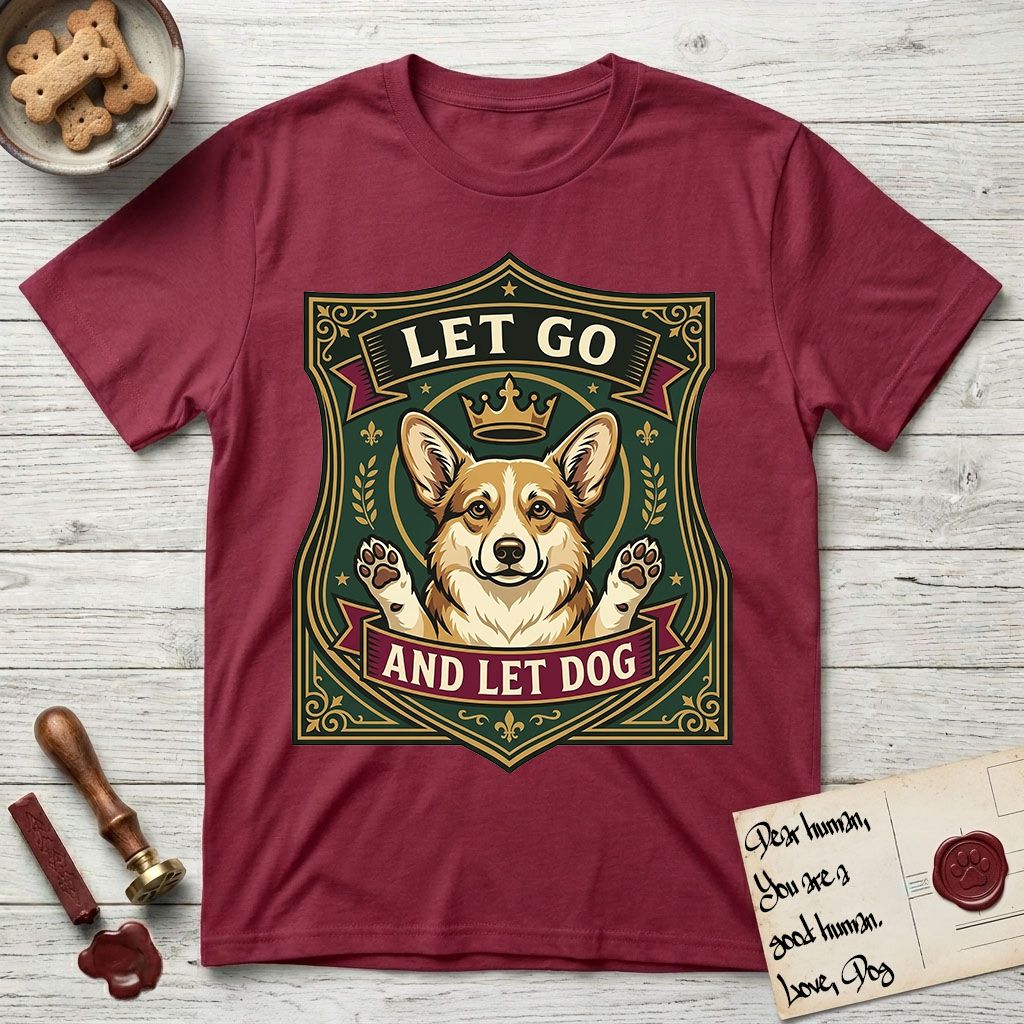 Let Go and Let Dog Corgi T-Shirt flat lay in Cardinal Red, featuring a royal heraldic shield badge of a crowned, haloed Corgi with paws raised.