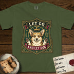 Let Go and Let Dog Corgi T-Shirt flat lay in Hemp, featuring a royal heraldic shield badge of a crowned, haloed Corgi with paws raised.