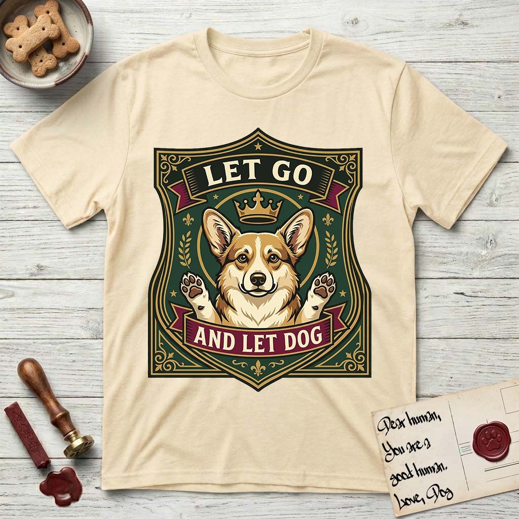 Let Go and Let Dog Corgi T-Shirt flat lay in Natural, featuring a royal heraldic shield badge of a crowned, haloed Corgi with paws raised.