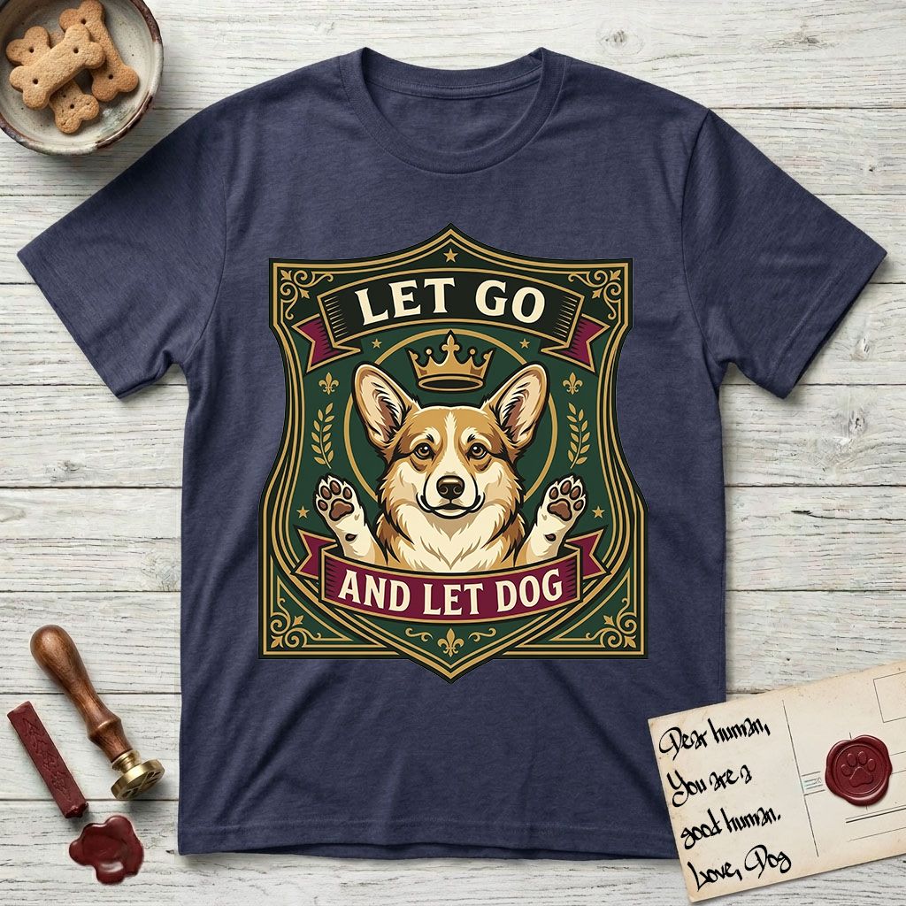 Let Go and Let Dog Corgi T-Shirt flat lay in Navy, featuring a royal heraldic shield badge of a crowned, haloed Corgi with paws raised.