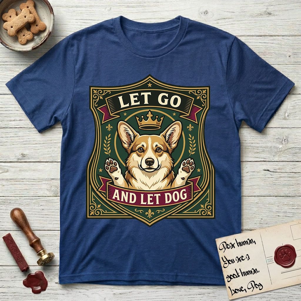 Let Go and Let Dog Corgi T-Shirt flat lay in Royal, featuring a royal heraldic shield badge of a crowned, haloed Corgi with paws raised.