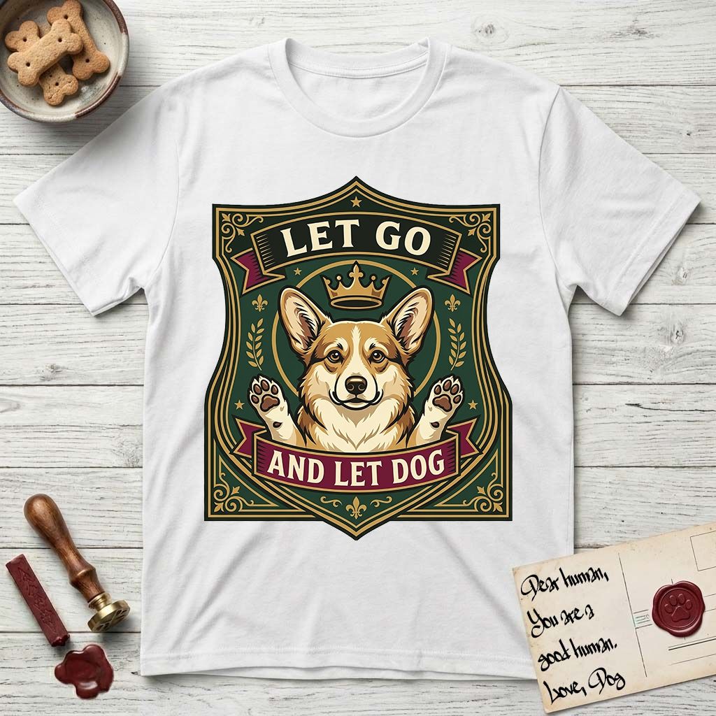 Let Go and Let Dog Corgi T-Shirt flat lay in White, featuring a royal heraldic shield badge of a crowned, haloed Corgi with paws raised.