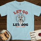 Let Go and Let Dog German Shepherd T-Shirt flat lay in Chambray, featuring a vintage letterpress engraving of a haloed German Shepherd framed by a sunburst oval.