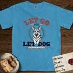 Let Go and Let Dog German Shepherd T-Shirt flat lay in Royal Caribe, featuring a vintage letterpress engraving of a haloed German Shepherd framed by a sunburst oval.