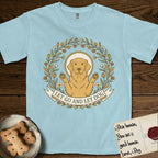 Let Go and Let Dog Golden Retriever T-Shirt flat lay in Chambray, featuring an Art Nouveau wildflower wreath around a haloed Golden Retriever with front paws raised.