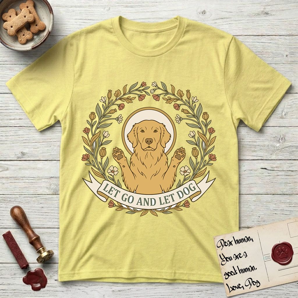 Let Go and Let Dog Golden Retriever T-Shirt flat lay in Cornsilk, featuring an Art Nouveau wildflower wreath around a haloed Golden Retriever with front paws raised.